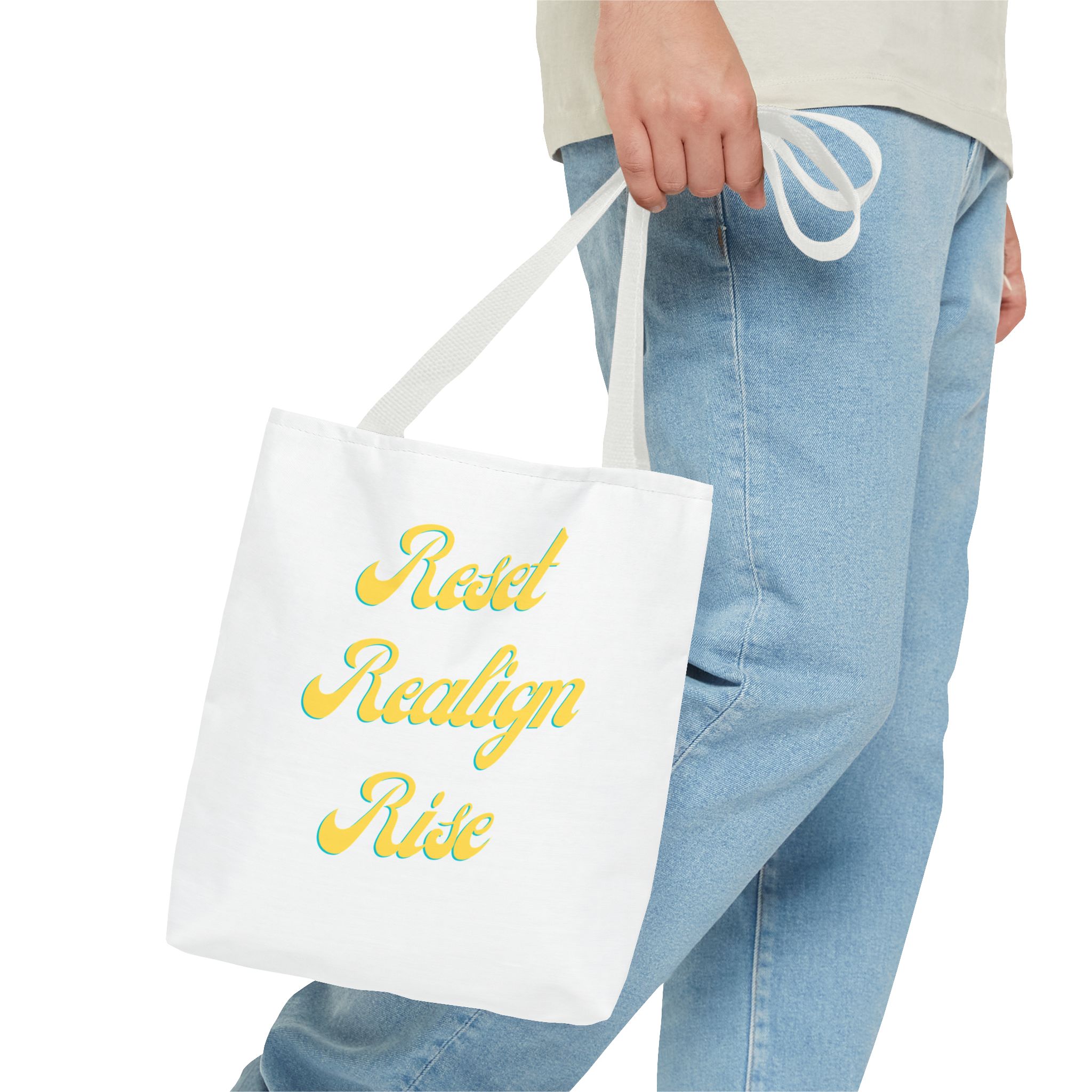 Reset Realign Rise Inspirational Tote Bag - Reset Realign Rise, Motivational Shoulder Bag, Everyday Use Tote, Gift for Her, Eco-Friendly Shopping Bag - Image 3
