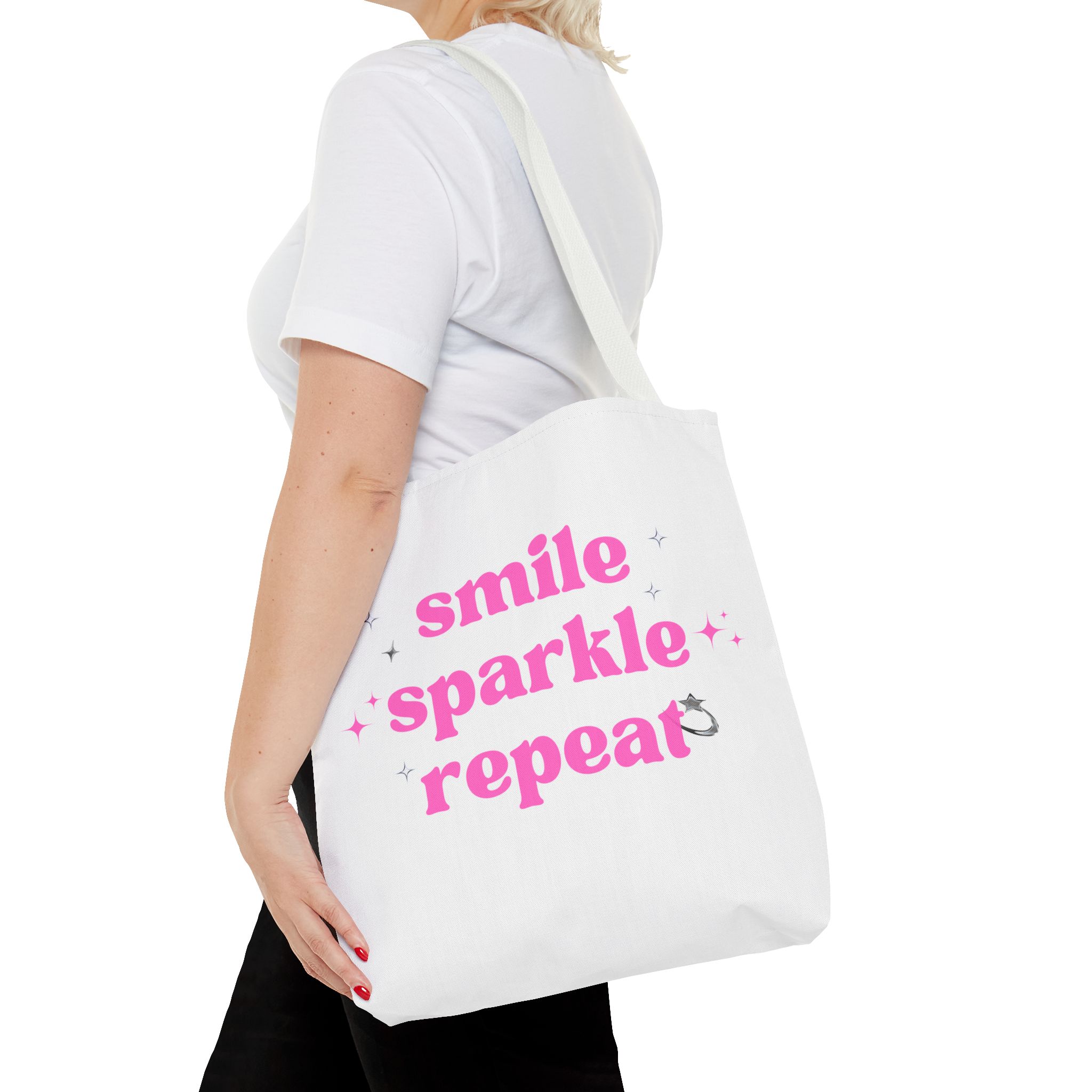 Smile Sparkle Repeat Tote Bag — Pink Inspirational Canvas Shopper - Image 8