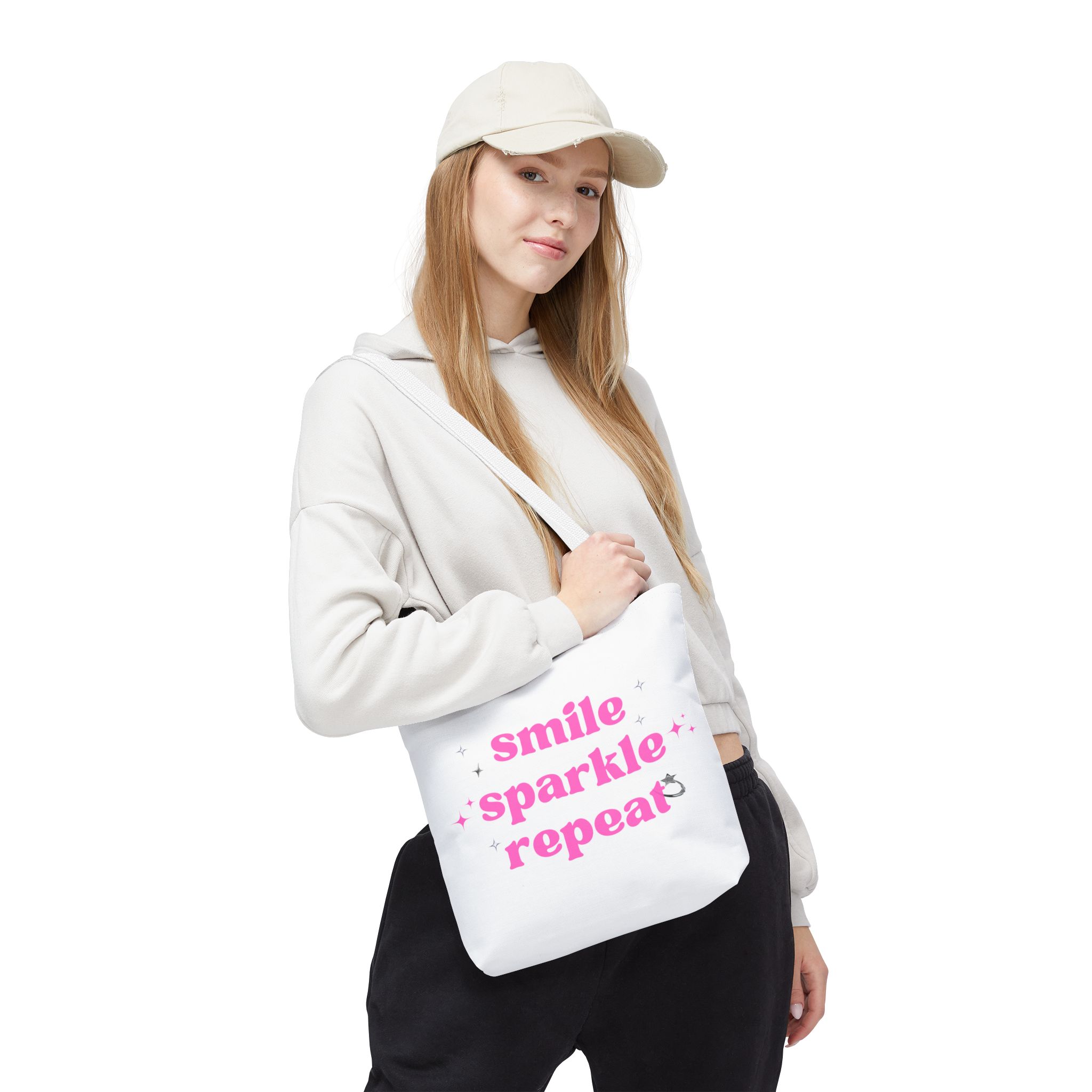 Smile Sparkle Repeat Tote Bag — Pink Inspirational Canvas Shopper
